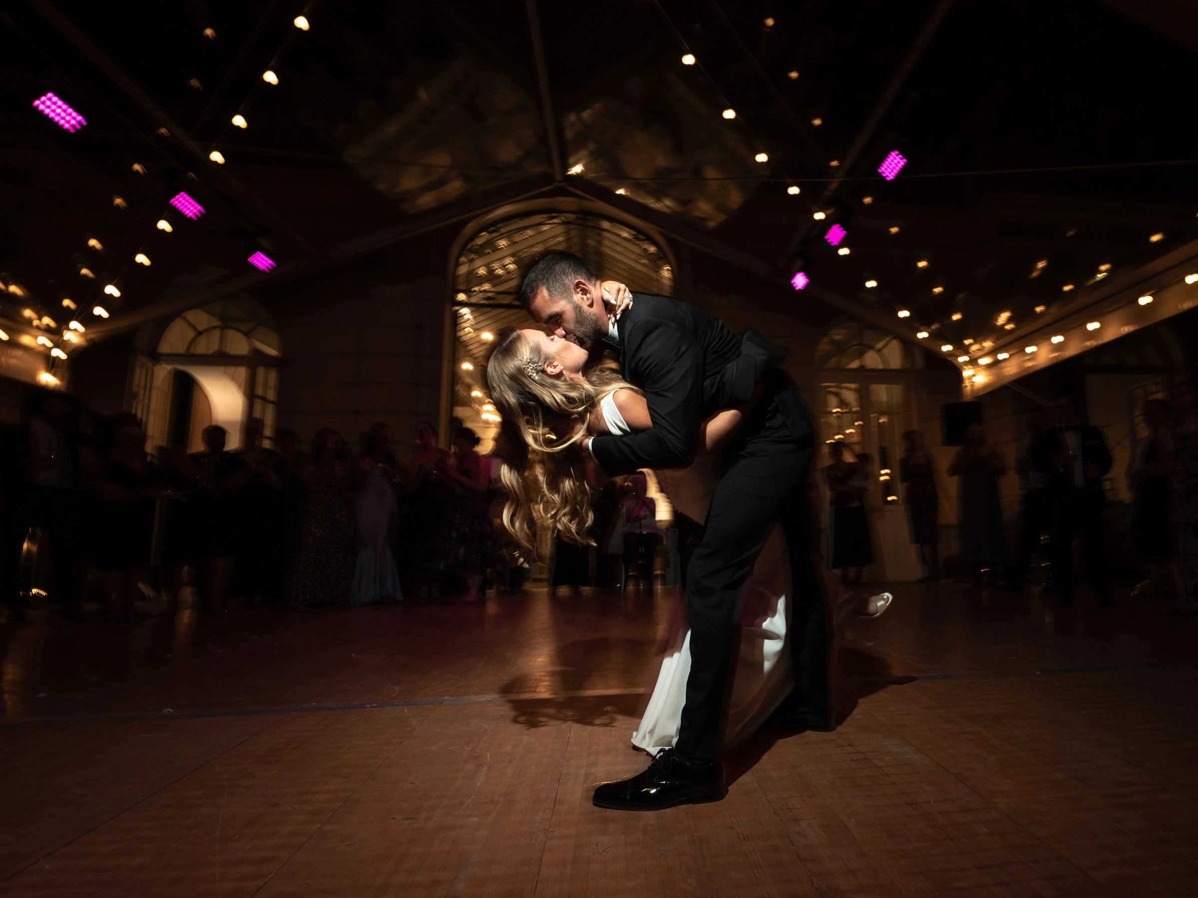 A dip and a kiss on the dance floor beneath the glass roof, château du Pont-Chevron