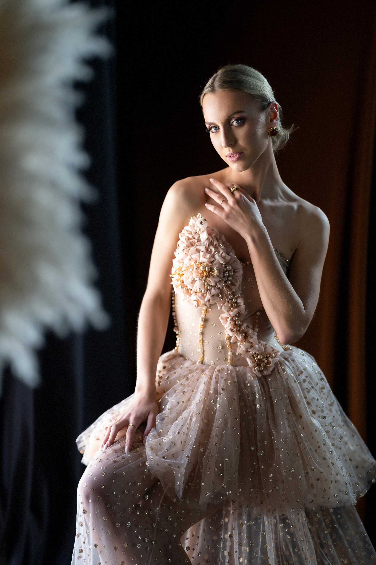 Portrait en robe brodée à plume, studio de Gien