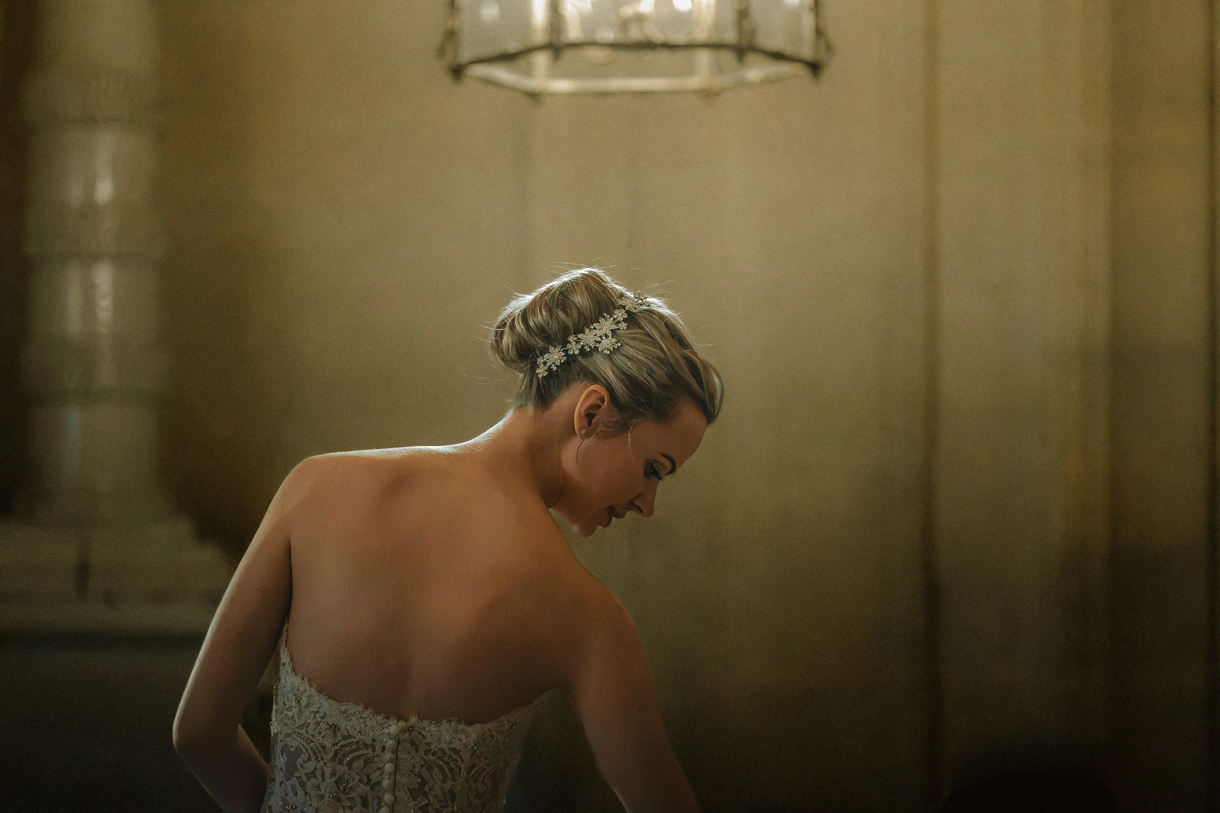 Portrait of the bride in golden light, château de Champlâtreux